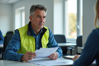 Homme en formation conduite dans une salle moderne