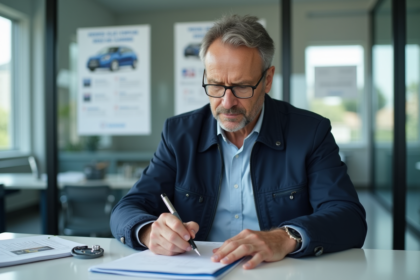 Homme d'âge moyen remplissant documents d'immatriculation