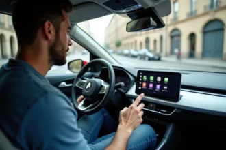 Homme en voiture compacte utilisant un écran tactile moderne