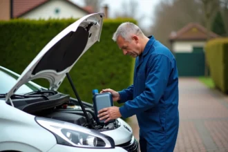 Homme en bleu lisant une bouteille d'huile moteur près d'une Peugeot