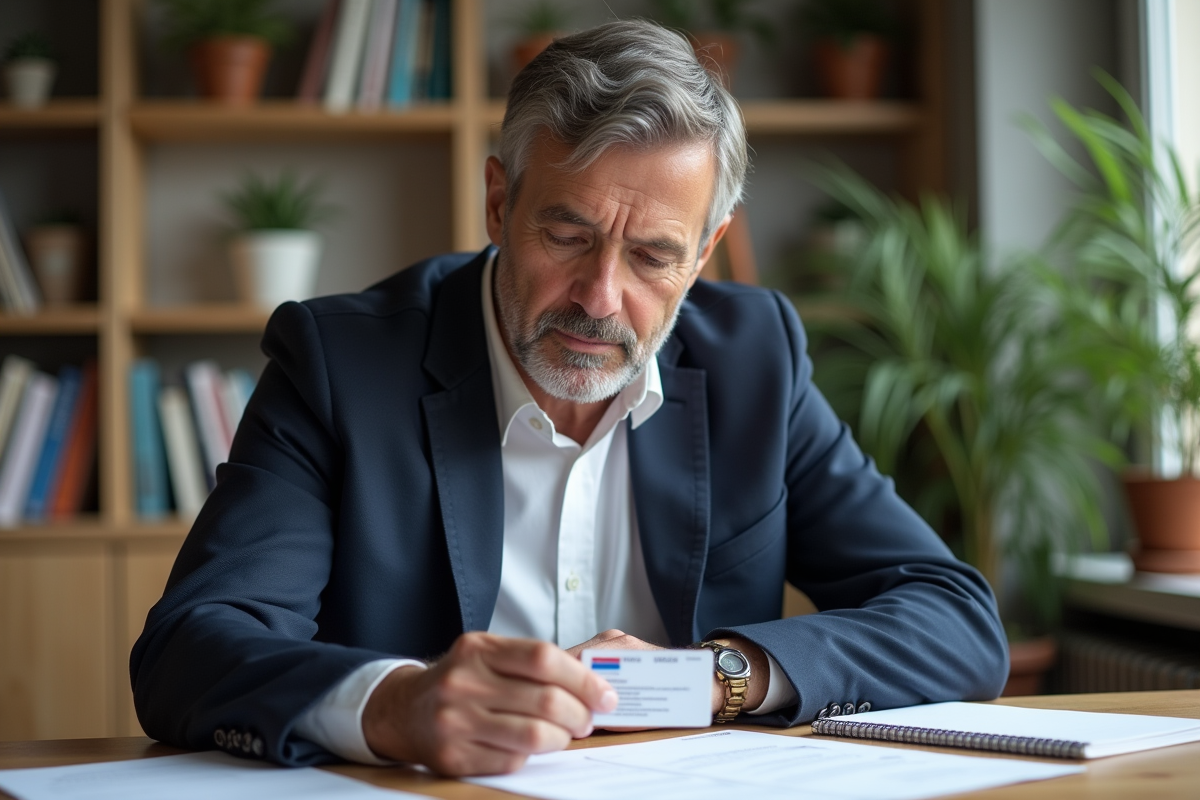 Homme d'âge moyen examinant des papiers officiels et carte d'identité