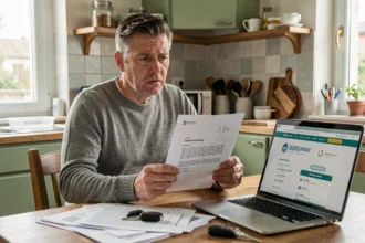 Homme tenant une lettre de résiliation d'assurance auto à la maison, entouré de documents et de clés de voiture sur une table en bois