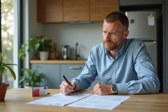 Homme d'âge moyen avec licence de conduire française dans la cuisine