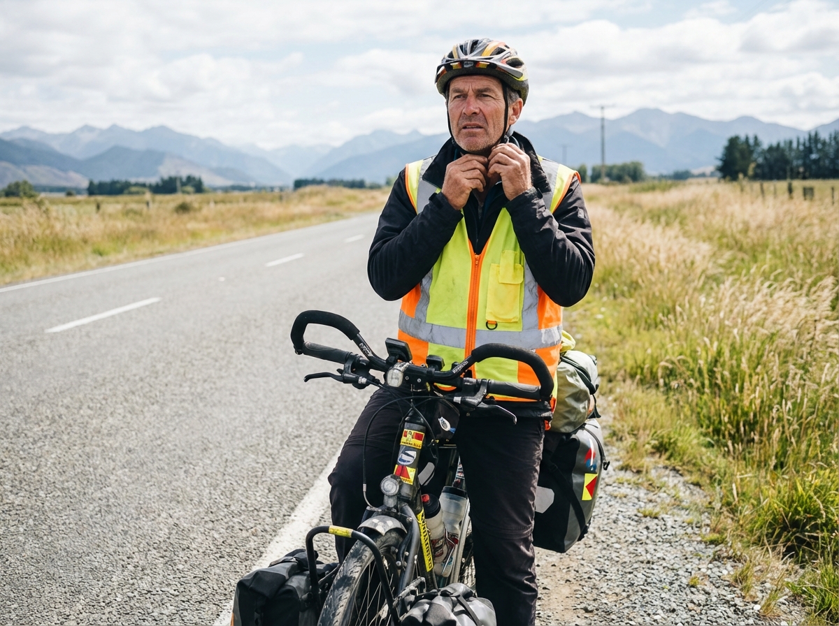Homme en moto de tourisme sur route rurale ensoleillee