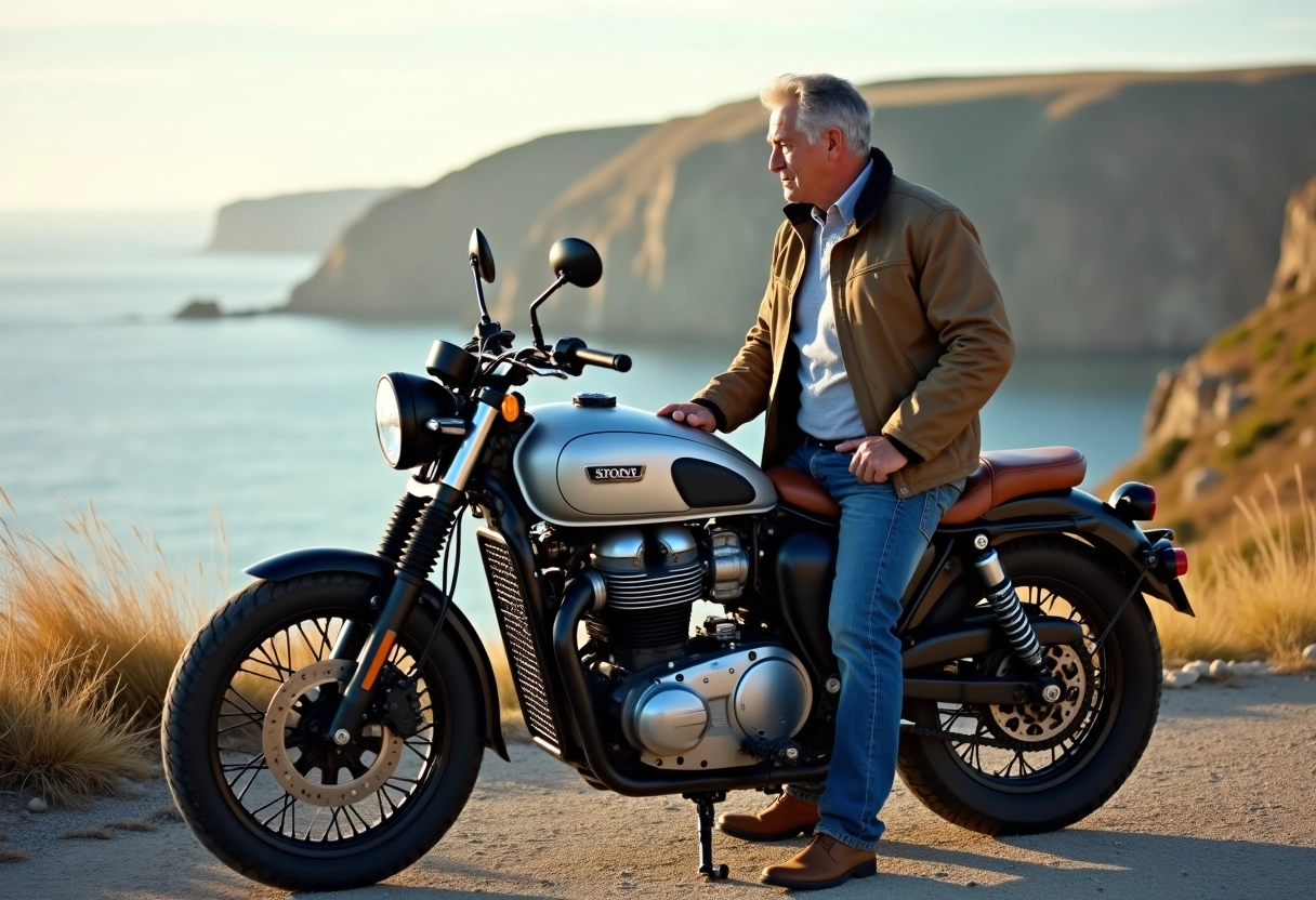 Homme inspectant une moto classique au bord de la mer