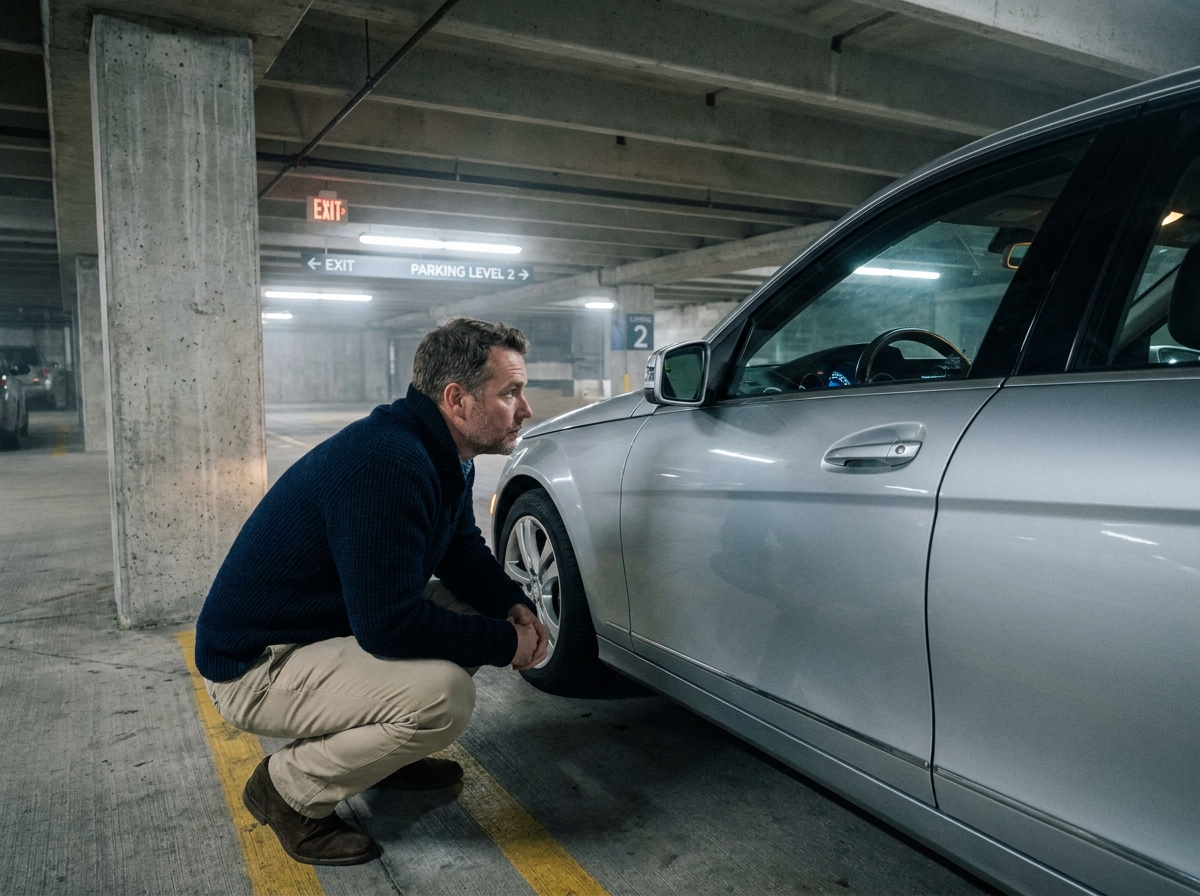 Homme examinant le compteur kilométrique de sa voiture dans un parking souterrain, illustration du concept d'assurance au kilomètre pour petits rouleurs
