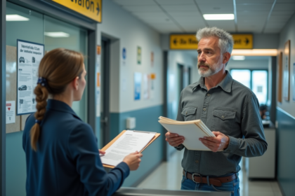 Homme d'âge moyen avec dossier dans un bureau administratif