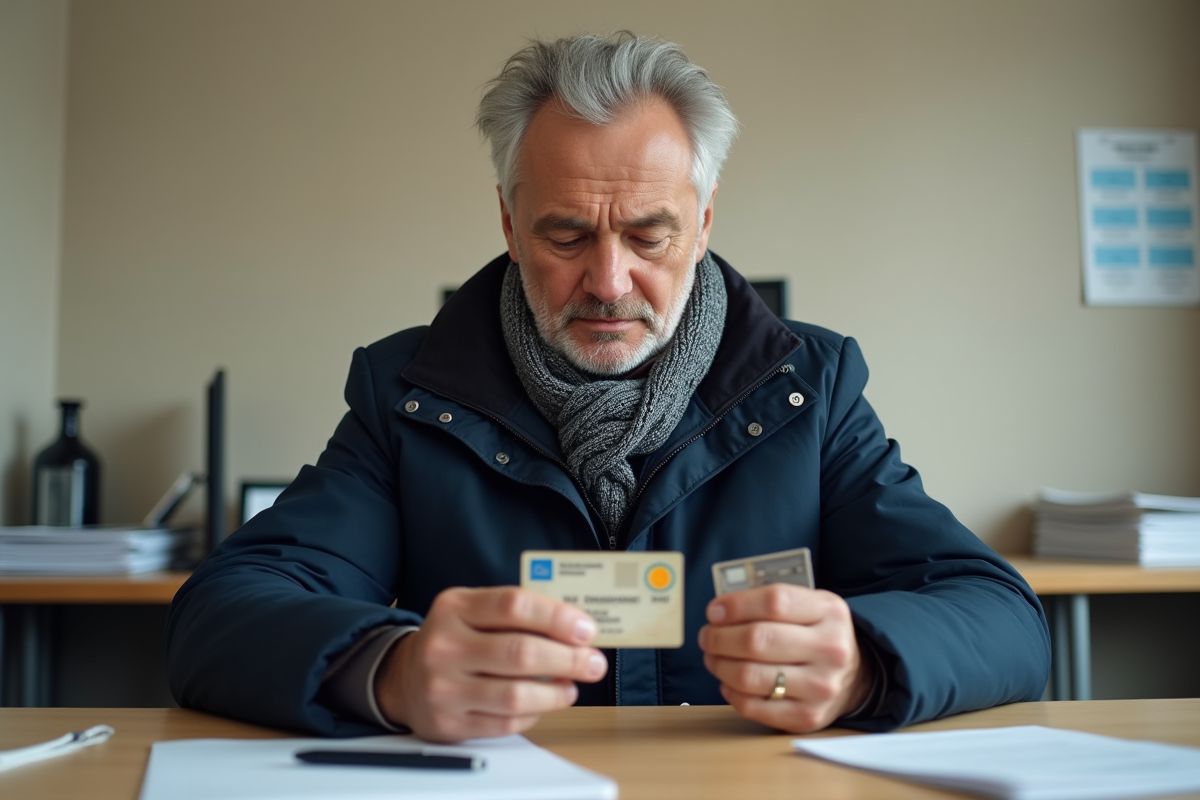 Homme d'âge moyen examine son permis de conduire à la mairie