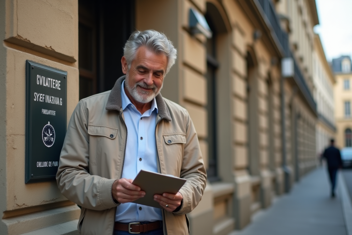 Homme vérifiant ses documents devant un bâtiment administratif