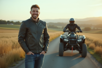 Homme souriant avec quad en campagne rurale