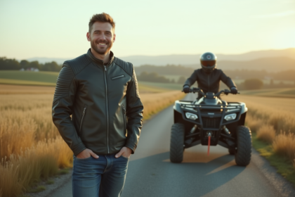 Homme souriant avec quad en campagne rurale