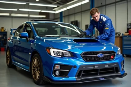 Homme en combinaison de course vérifiant la pression des pneus d'une Subaru WRX
