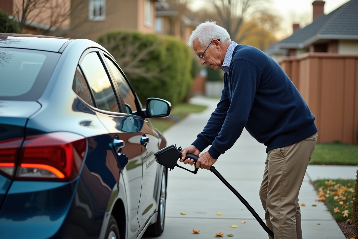 Homme remplissant le lave-glace de sa voiture hybride dans une allée
