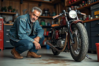 Homme en denim inspectant une moto ancienne dans un garage