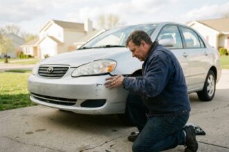 Homme en jeans et veste travaillant sur sa voiture