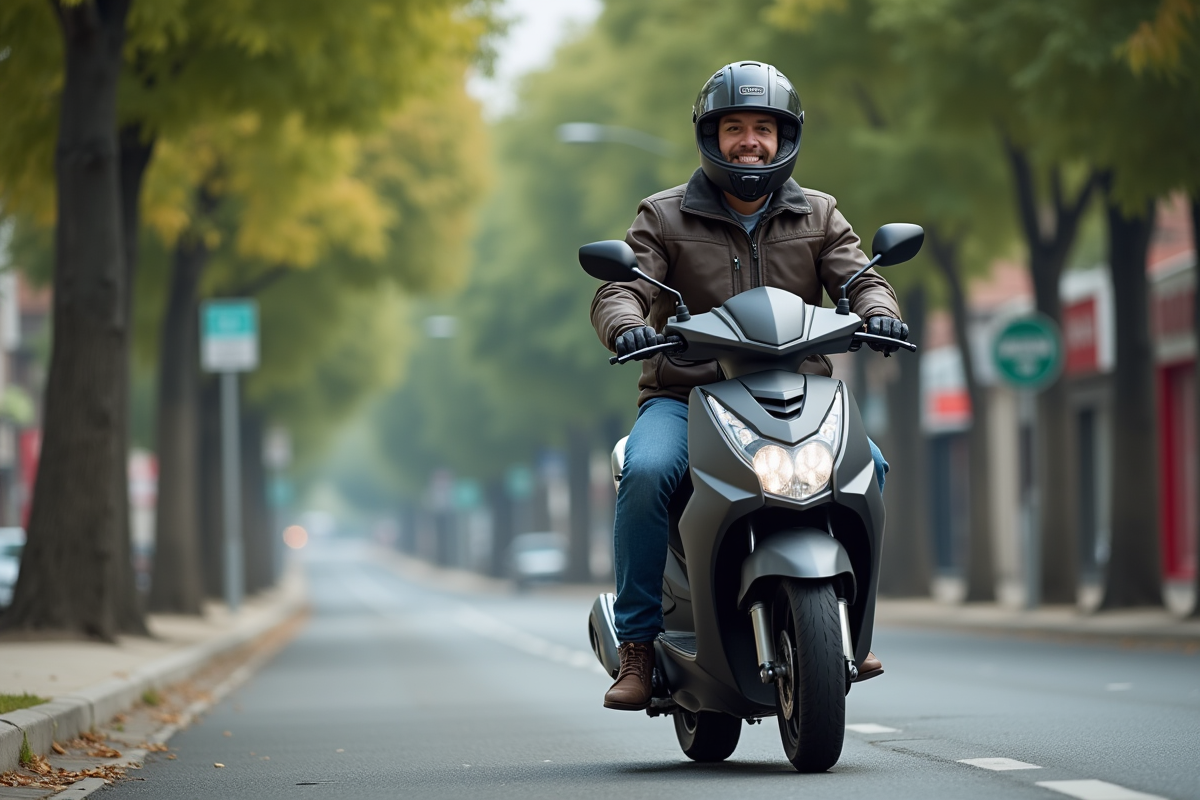 Homme souriant sur scooter trois roues en extérieur