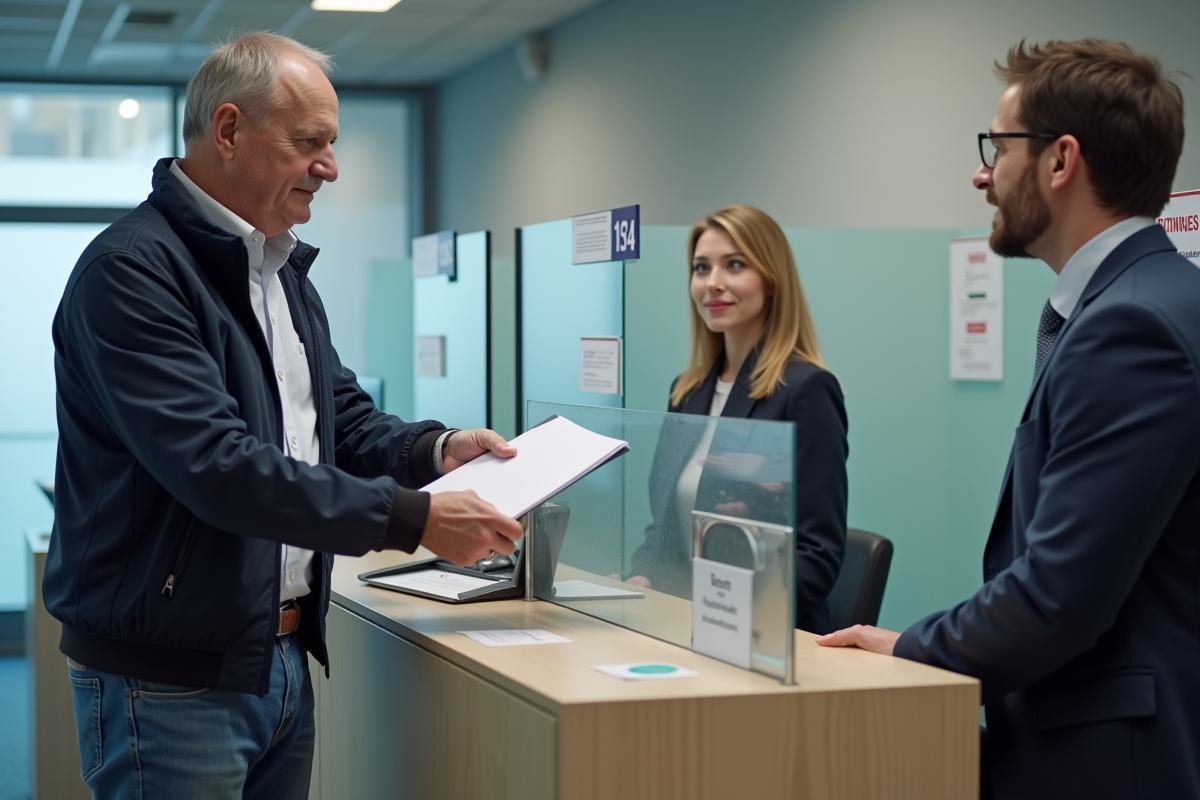Homme présentant un dossier à un agent administratif