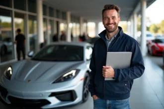 Homme souriant avec voiture de course en arrière-plan