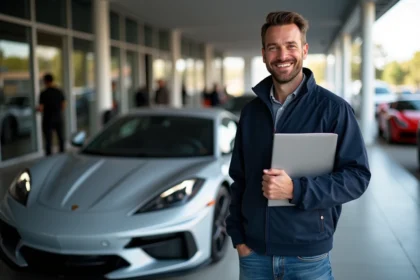 Homme souriant avec voiture de course en arrière-plan