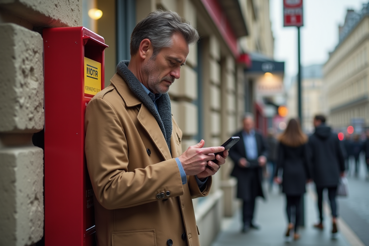Homme d age moyen vérifie son téléphone devant poste