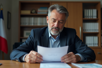 Homme d'âge moyen examinant un document Plaque G dans un bureau administratif