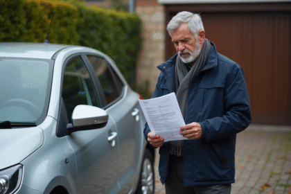 Homme vérifiant un certificat de cession voiture en extérieur