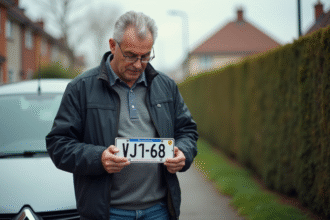 Homme vérifiant une plaque d'immatriculation française à l'extérieur