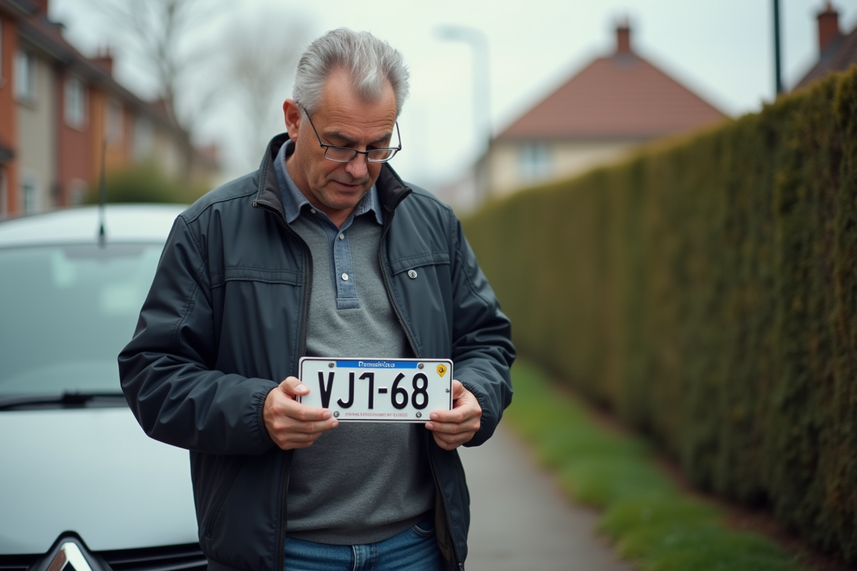 Homme vérifiant une plaque d'immatriculation française à l'extérieur