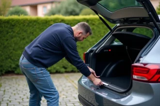 Homme d'âge moyen examine le coffre d'une voiture moderne
