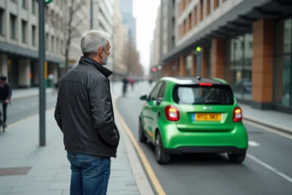Homme d'âge moyen observant une voiture verte en ville