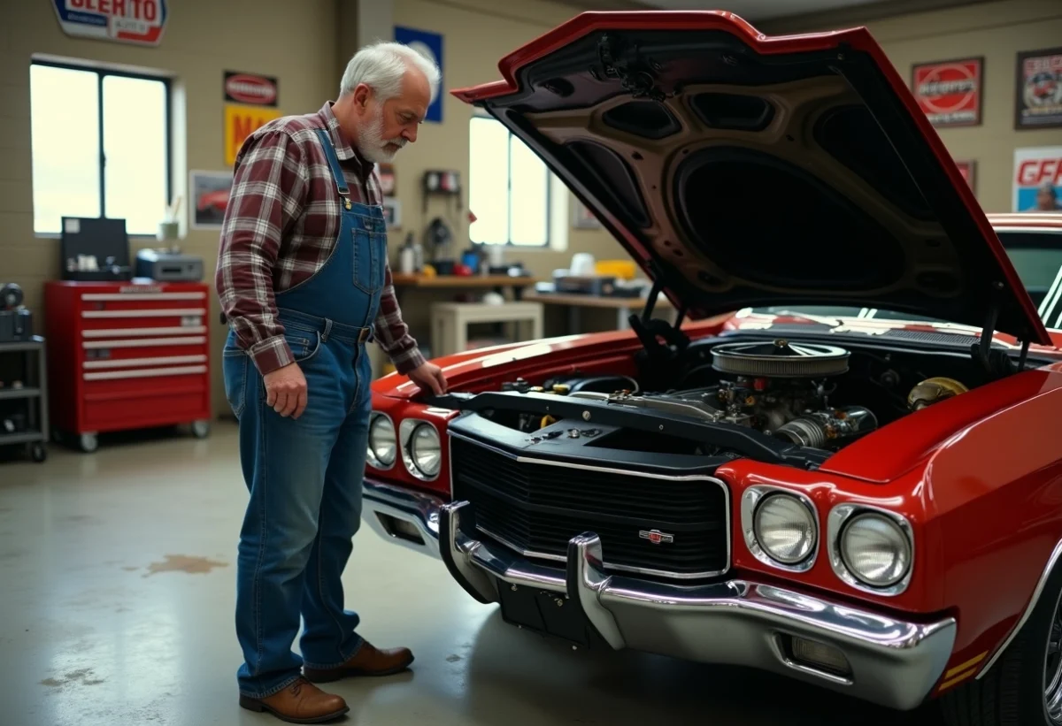 Homme en salopette examine un moteur de muscle car