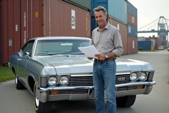 Homme souriant à côté d'une Impala 1967 au port français