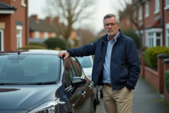 Homme d'âge moyen contemplant sa voiture dans un quartier résidentiel