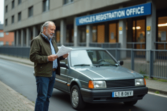 Homme d'âge moyen avec papiers devant une voiture officielle