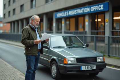 Homme d'âge moyen avec papiers devant une voiture officielle