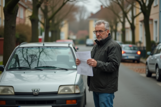 Homme d'âge moyen avec voiture ancienne et document