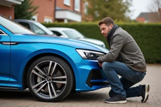 Homme examine la roue d'une voiture sportive bleue en extérieur