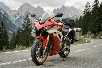Honda CBR 1000 F modifiée en routière garée sur une route de montagne alpine avec sacoches latérales