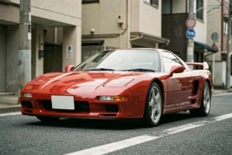 Honda NSX première génération rouge Formula Red garé dans une rue urbaine japonaise, vue trois quarts avant mettant en valeur la carrosserie emblématique de cette sportive de collection japonaise