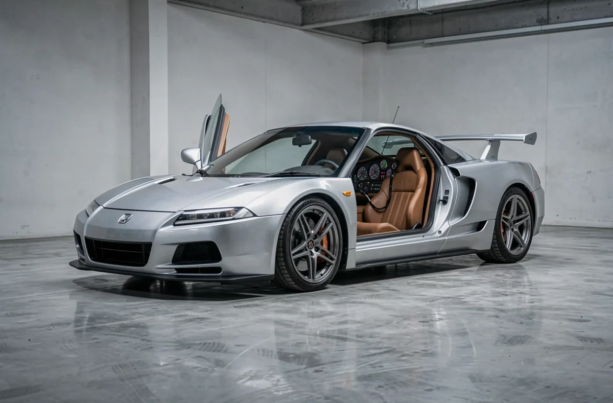 Honda NSX-T silver avec toit T-bar dans un garage de stockage pour voitures de collection, intérieur cockpit visible avec tableau de bord d'époque et sièges en cuir, illustrant la cote du marché des sportives japonaises