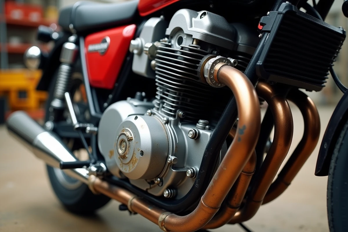Détail moteur V-twin de la Honda XLV750R avec pipes d'échappement montés haut, finitions mécaniques authentiques en atelier