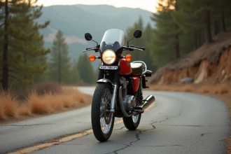 Honda XLV750R rouge garé sur une route de montagne sinueuse entouré de forêt de pins, vue trois-quarts avant basse angle