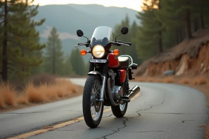Honda XLV750R rouge garé sur une route de montagne sinueuse entouré de forêt de pins, vue trois-quarts avant basse angle