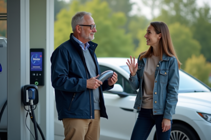 Ingénieur expliquant la pile à hydrogène à une femme près d'une voiture