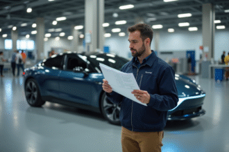 Ingénieur automobile devant prototype de voiture électrique