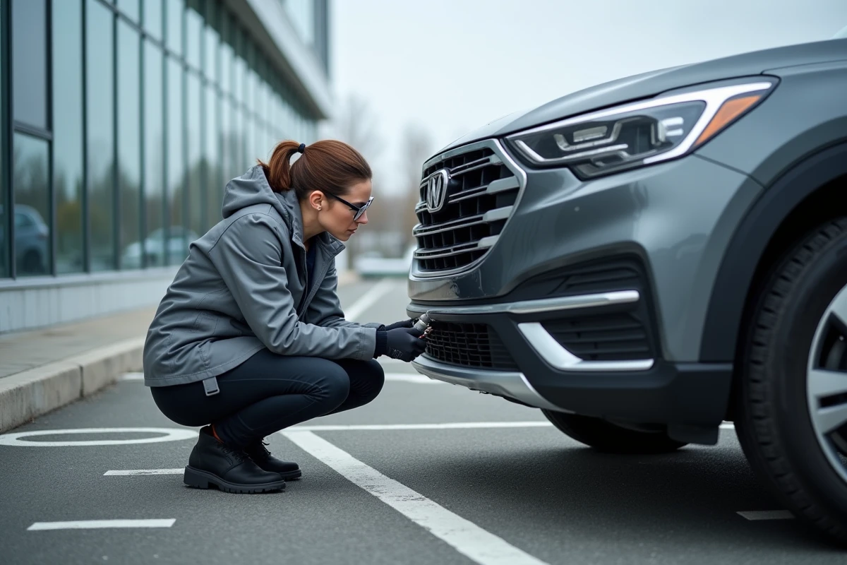 Ingénieure automobile inspectant un capteur radar lors d'une calibration ADAS devant un crossover gris dans une zone de calibration certifiée