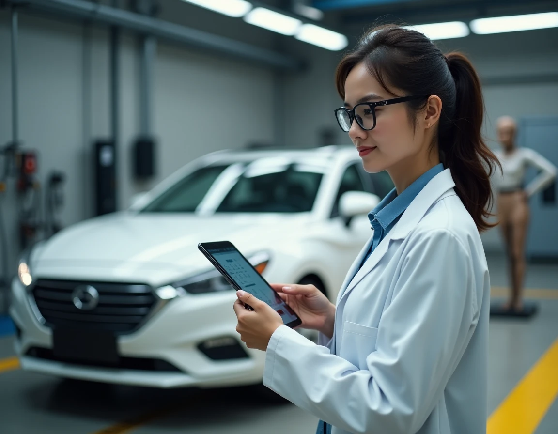 Ingénieure automobile analysant les données de sécurité d'un véhicule chinois dans un laboratoire de test