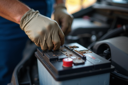Mecanicien inspectant une batterie de voiture corrodée en plein jour