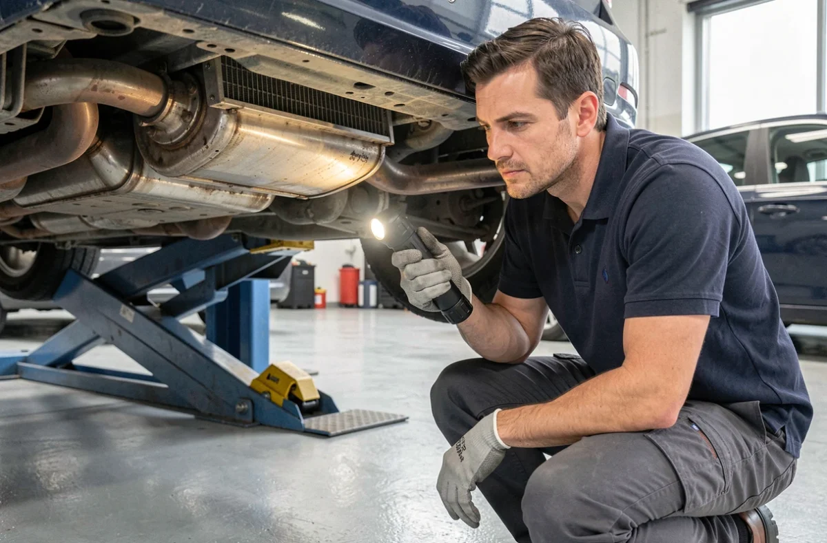 Technicien examinant le filtre à particules et l'échappement d'une BMW diesel sous pont élévateur