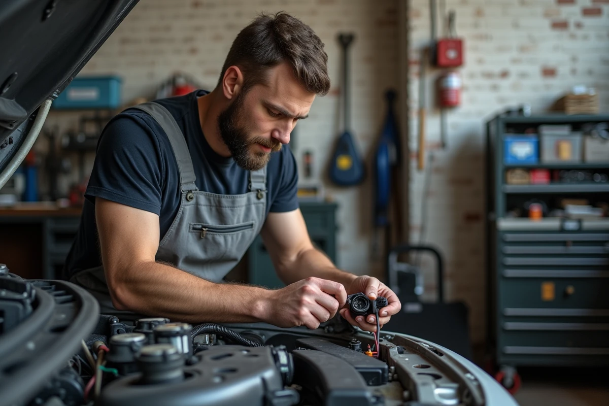 Mécanicien inspectant un connecteur de faisceau électrique sur moteur Renault lors d'un diagnostic de panne intermittente 1525F3